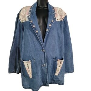 VTG Western Denim Jacket Sz M Oversize Blanket Patch Studs Cowgirl Rodeo